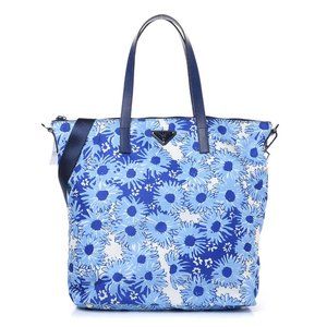 Prada Donna Lady Nylon Tote Blue and White Floral